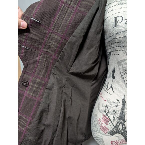 DKNY Jeans Women's Brown Purple Plaid Button Jacket Funnel Neck Fall Coat Large - Picture 9 of 14